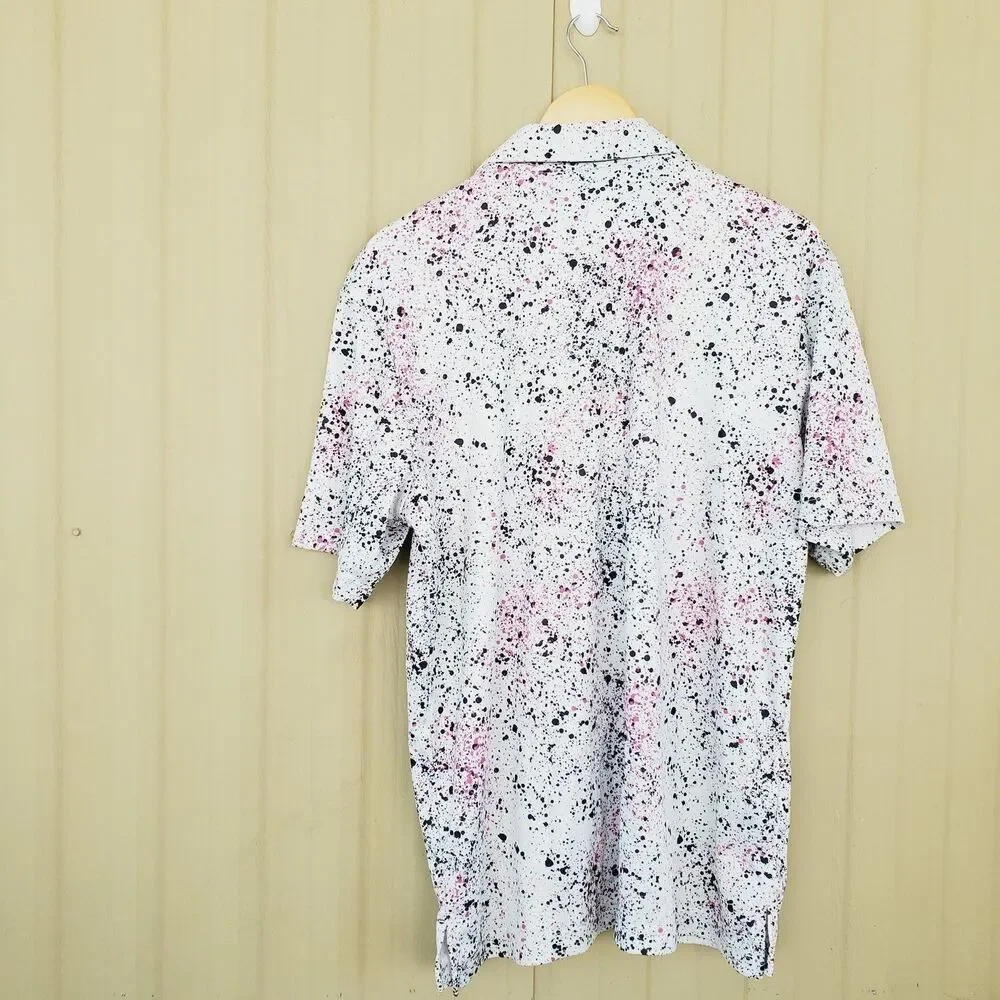 Adidas Golf Polo Men’s L Pink Coral Fusion Paint Splatter AOP Performance Shirt